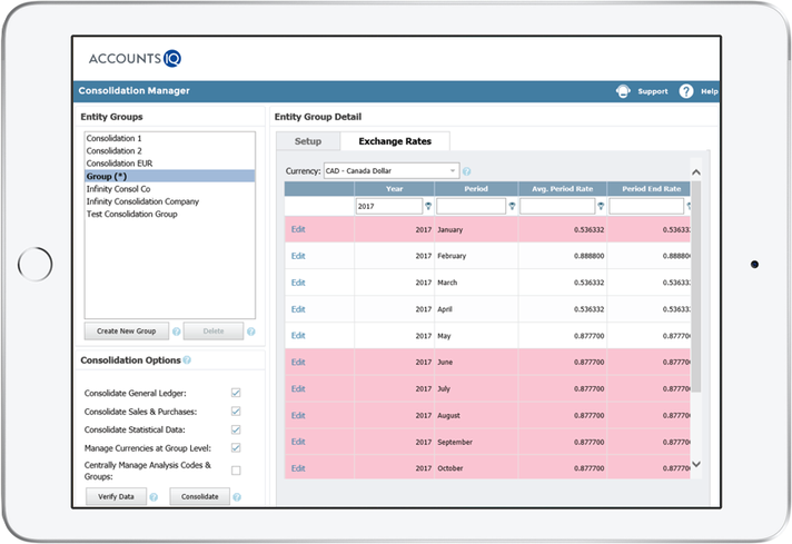 AccountsIQ's consolidation reporting features displayed on an iPad