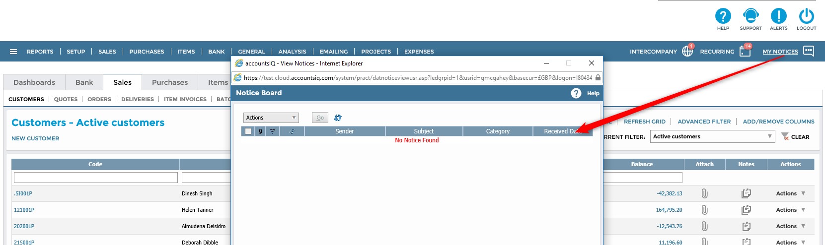 AccountsIQ noticeboard feature screenshot
